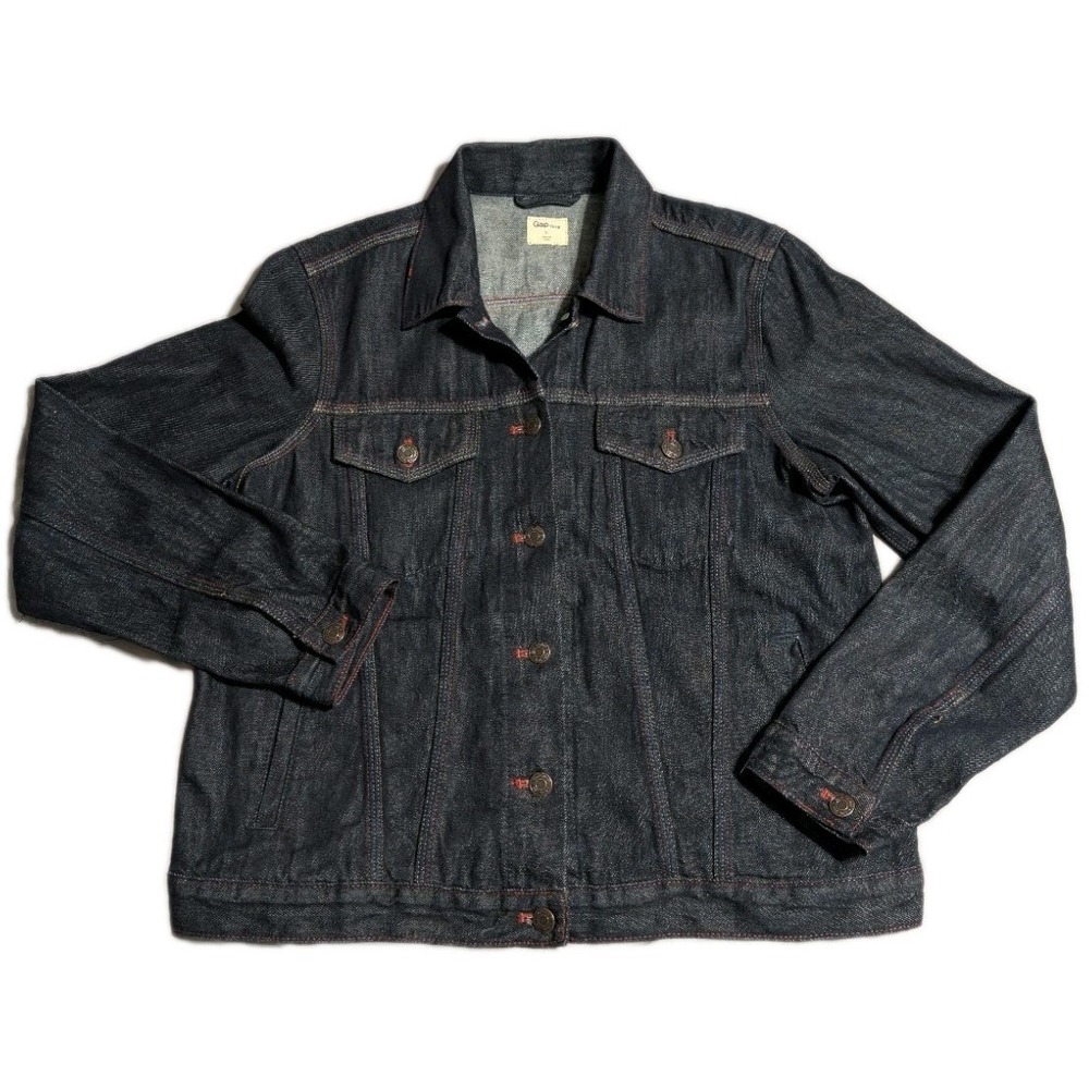 Gap 1969 Denim Jacket Women Large Dark Wash Trucker Jean Jacket Contrast Stitch‎